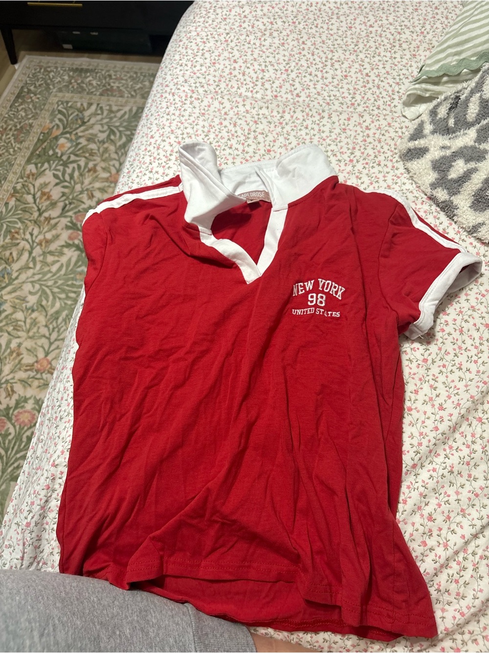Red Polo-Style  Shirt with White Trim - New York 98 Graphic